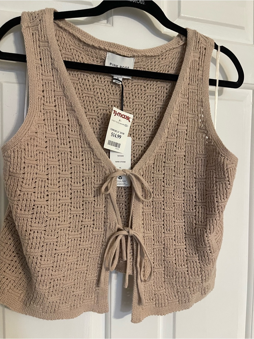 PINK ROSE Beige Knit Tie-Front Tank